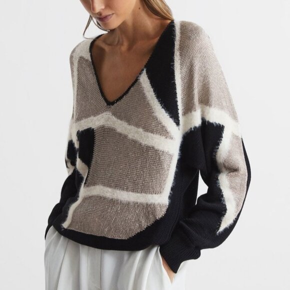 REISS Madeline Colorblock Sweater Metallic Spliced Pattern Jumper Blouse Sz XL - Picture 1 of 12